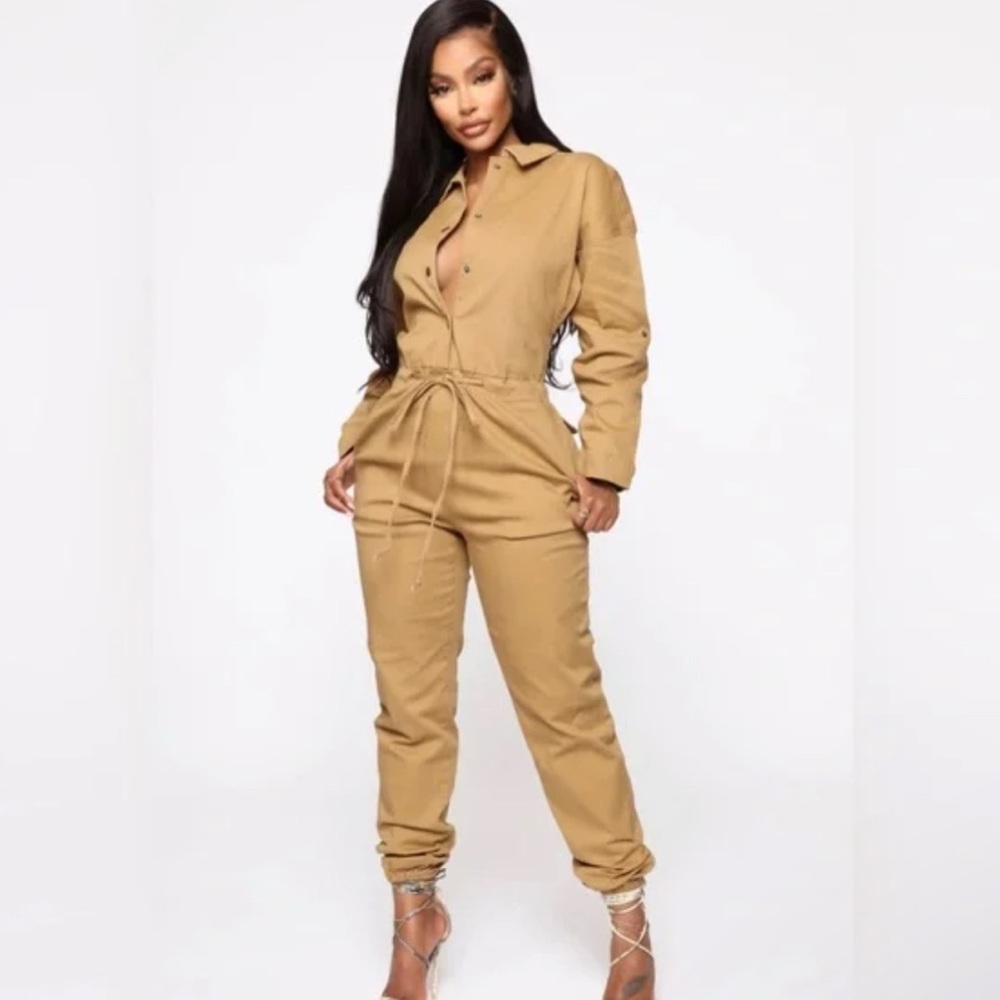 Fashion Nova Tan Button-Up Jumpsuit